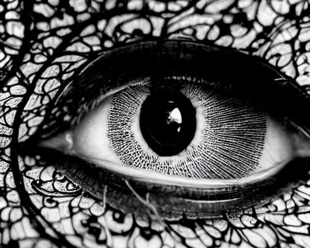 Image similar to extreme close up of a woman's eye, made of intricate decorative lace leaf skeleton, in the style of the dutch masters and gregory crewdson, dark and moody