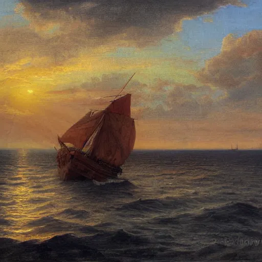 Image similar to medieval ship on the sea, sunset, painting style, achenbach