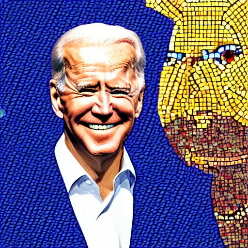 Image similar to portrait mosaic of a joe biden with robot ears and eyes, 4k, intricate details, digital, sun in the background