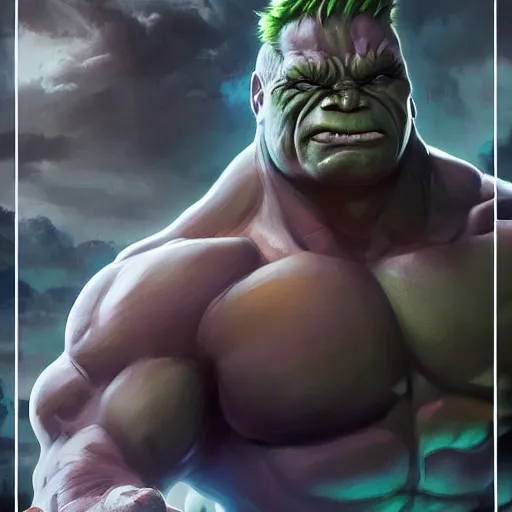 Image similar to characters portrait of Hulk mixed with Darkseid by ArtGerm and Tom Bagshaw, merged character, Full body shot, cinematic opening shot, 4k, highly detailed, cinematic lighting