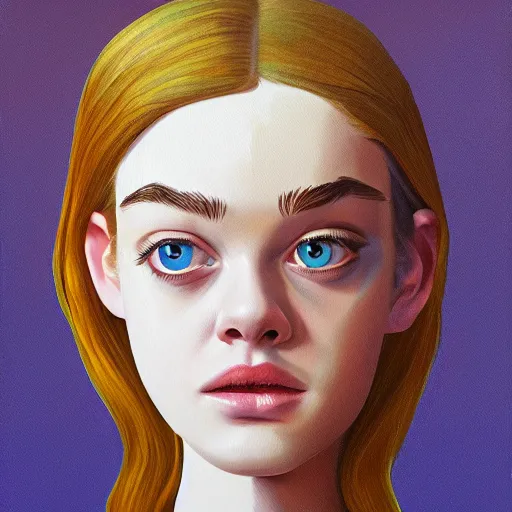 Image similar to professional painting of Elle Fanning in the style of Simon Stalenhag, head and shoulders portrait, symmetrical facial features, smooth, sharp focus, illustration, intricate, stormy weather, extremely detailed masterpiece,