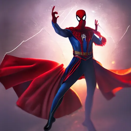 Image similar to spiderman as doctor strange, using his mystic arts, dynamic lighting, photorealistic fantasy concept art, trending on art station, stunning visuals, creative, cinematic, ultra detailed
