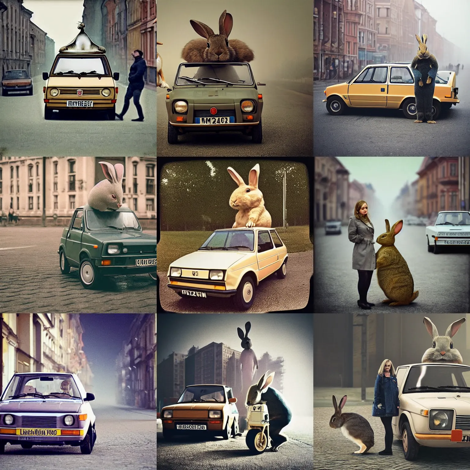 Prompt: real rabbit!!! giant oversized real rabbit, in legnica, full body, in background : tiny min undersized fiat 1 2 6 p, cinematic focus, polaroid photo, vintage, neutral dull colors, soft lights, foggy mist, by oleg oprisco, by thomas peschak, by discovery channel, by victor enrich, by gregory crewdson