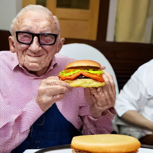 Prompt: a 99 year old man, no beard, square rimmed glasses, cream button up shirt. In the foreground there is a cheeseburger with sour cream, extra cheese, and no lettuce. Medium shot, mid-shot,