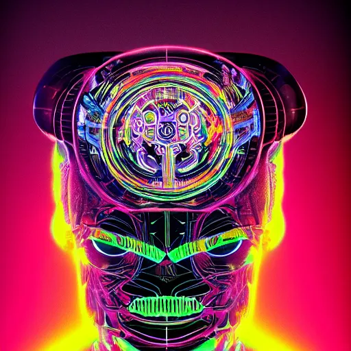 Image similar to black tshirt with a hyperdetailed portrait of a futuristic trippy fantasy punk robot, 8 k, symetrical, flourescent colors, halluzinogenic, multicolored,