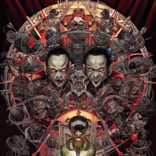 Image similar to 🚷🔞☦✝👺🤡, rotary symmetrical, dynamic lighting, darker intense, detailed, by bambang nurdianshyah, garis edelweiss, roby dwi antono and dan mumford, ayami kojima, takato yamamoto, barclay shaw, karol bak, yukito kishiro, norman rockwell