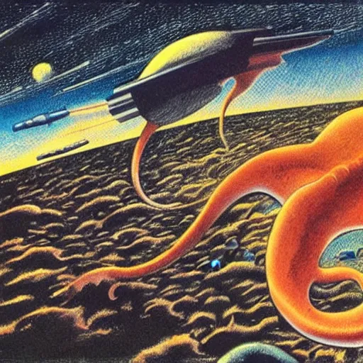 Prompt: drawing of a giant squid attacking a spaceship above an alien landscape, vintage sci-fi, nineteen seventies, pulp style, highly detailed, by Roland Topor