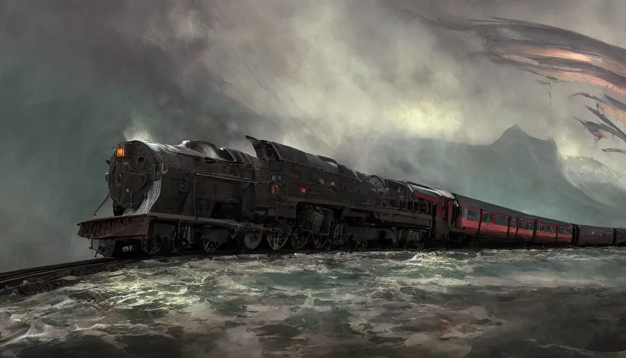 Image similar to craig mullins and ghibli digital illustration of a long dragon - style train in deep ocean unreal engine, hyper realism, realistic shading, cinematic composition, realistic render, octane render, detailed textures, photorealistic, wide shot