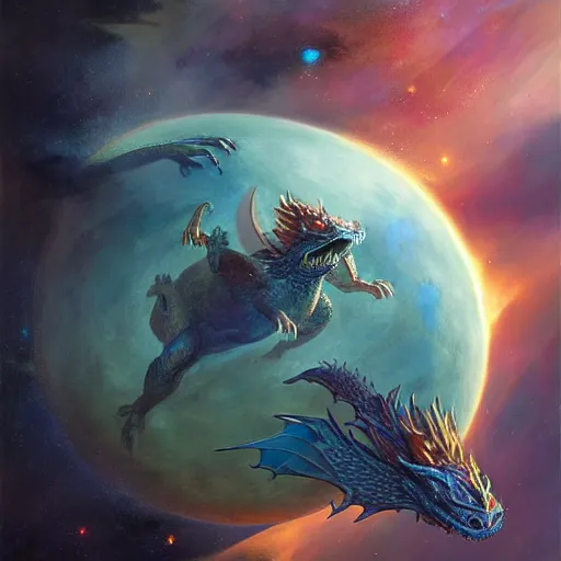 Image similar to Blue scaled dragon devouring an earth like planet while flying in space, mythical dragon, European four-legged dragon, sun system, nebula, oil painting, by Fernanda Suarez and Edgar Maxence and Greg Rutkowski