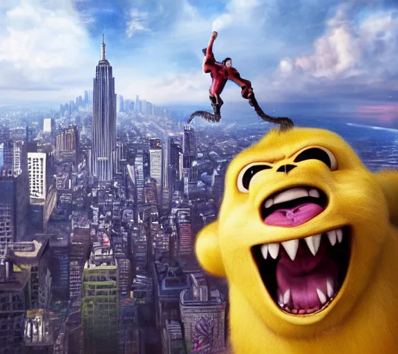 Prompt: epic fantasy comic book style portrait painting of a giant angry pikachu as king kong climbing the empire state building, by mark ryden and pixar and hayao miyazaki, unreal 5, daz, hyperrealistic, octane render, cosplay, rpg portrait, dynamic lighting, intricate detail, cinematic