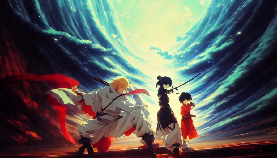 Prompt: baroque oil painting of key visual ninja war, storm, fake detail, trending pixiv fanbox, acrylic palette knife, style of makoto shinkai takashi takeuchi yoshiyuki sadamoto greg rutkowski chiho aoshima