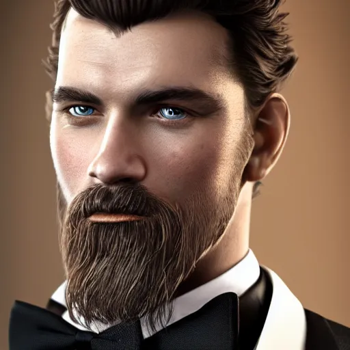 Image similar to a highly detailed portrait of a man, with a brown short beard and hair, blue eyes, wearing a tuxedo, artstation, deviantart, professional, unreal engine 5, photorealistic