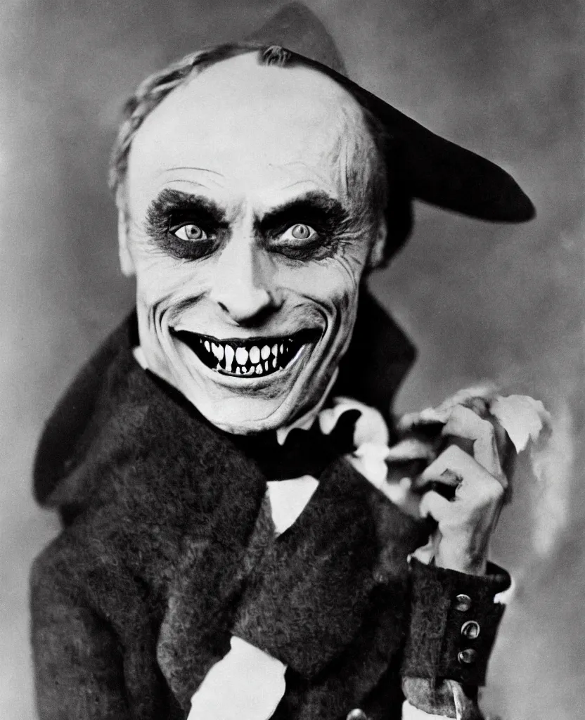 Image similar to portrait of conrad veidt the man who laughs wide grin, award winning colorized photo, sharp color palette