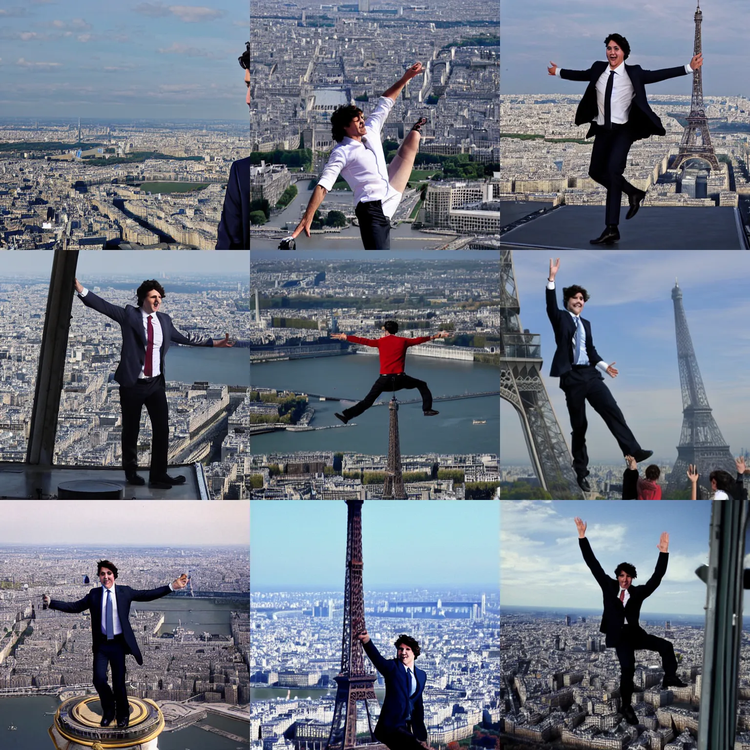 Prompt: Justin Trudeau tapdancing on top of the Eiffel Tower, photograph