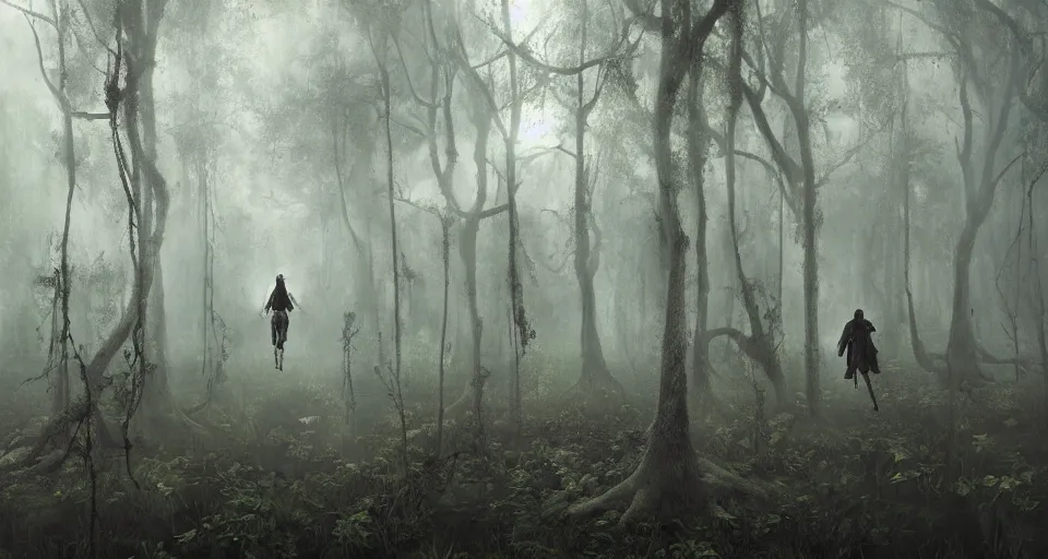 Image similar to A dense and dark enchanted forest with a swamp, by Jeremy Geddes