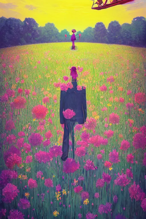 Image similar to closeup, giant flower head, girl in suit floating above field of flowers, surreal photography, sunrise, blue sky, dramatic light, impressionist painting, digital painting, artstation, simon stalenhag