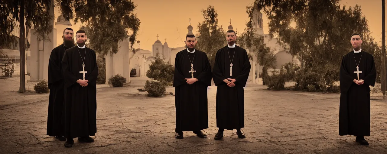 Image similar to three orthodox priests with cute caracal faces, in orthodox church, orthodox icons, volumetric lighting, twilight, dramatic, noir, blur, bokeh, cinematic, shallow depth of field, 8 0 mm, f 1. 8