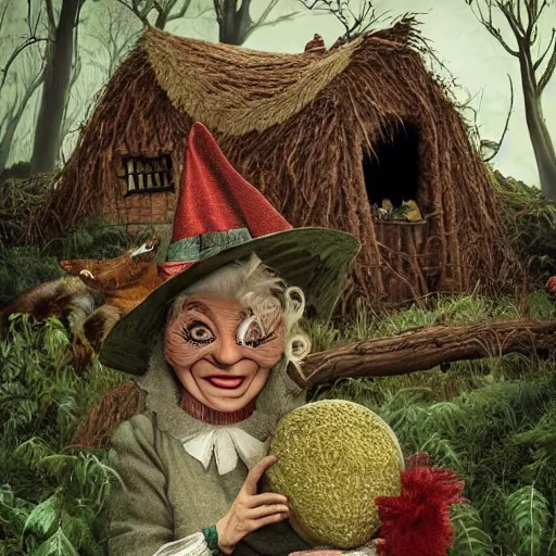 Prompt: a fabulous old witch with a cunning face, a long nose and a wart on it. there is a black cat nearby. the background of huge chicken paws on top is a hut. fabulous enchanting dense forest around. very clear image. hyperrealistic.