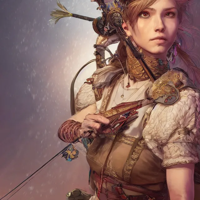 Image similar to the portrait of lawful neutral semi - colorful female archer huntress as absurdly beautiful, gorgeous, elegant, young girl, an ultrafine hyperdetailed illustration by kim jung gi, irakli nadar, intricate linework, bright colors, octopath traveler, final fantasy, unreal engine 5 highly rendered, global illumination, radiant light, detailed and intricate environment