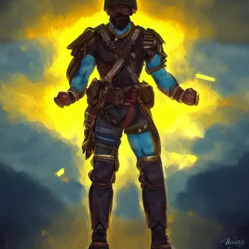 Image similar to a full body shot from distance of a great soldier with a yellow and blue flag standing in the beam of light from the clouds in a triumph after battle, western, masculine figure, D&D, fantasy, intricate, elegant, highly detailed, digital painting, artstation, concept art, matte, sharp focus, symmetrical, illustration, art by Artgerm and Greg Rutkowski and Alphonse Mucha