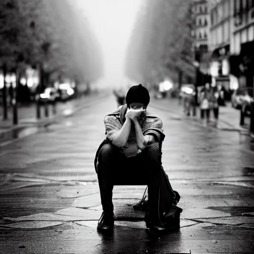 Prompt: black and white fashion photograph, highly detailed portrait of a depressed white drug dealer sitting on a bench on a busy Paris street, looking into camera, eye contact, natural light, rain, mist, lomo, fashion photography, film grain, soft vignette, sigma 85mm f/1.4 1/10 sec shutter