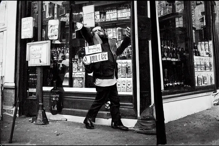 Prompt: peter dinklage robbing a liqour store, in the style of eugene atget and peter witkin