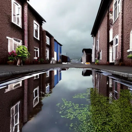 Prompt: still photo of rain puddles and reflections in a village, cloudy weather, highly detailed, photorealistic shot, bright studio setting, studio lighting, crisp quality and light reflections, unreal engine 5 quality render