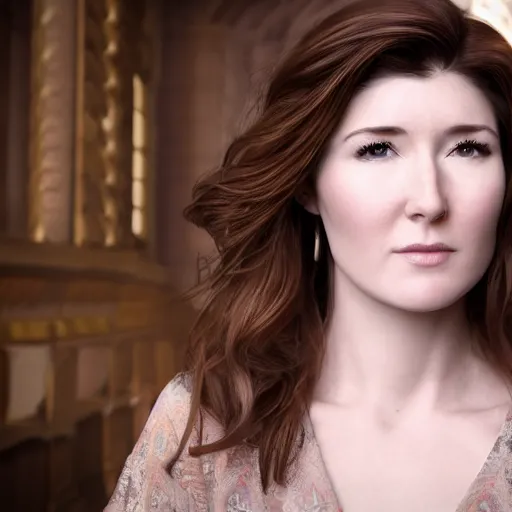 Image similar to realistic portrait of a beautiful Jewel Staite made of gold, Victorian architecture, ultra realistic, 8k