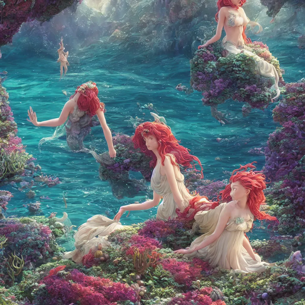 Prompt: a little mermaid in a long dress singing in the colorful ocean, correct human body and perspective, pearls and shells, fantasy art by ferdinand knab, makoto shinkai and ilya kuvshinov, rossdraws, tom bagshaw, trending onstudio ghibli, radiant light, highly detailed, octane render, 8 k