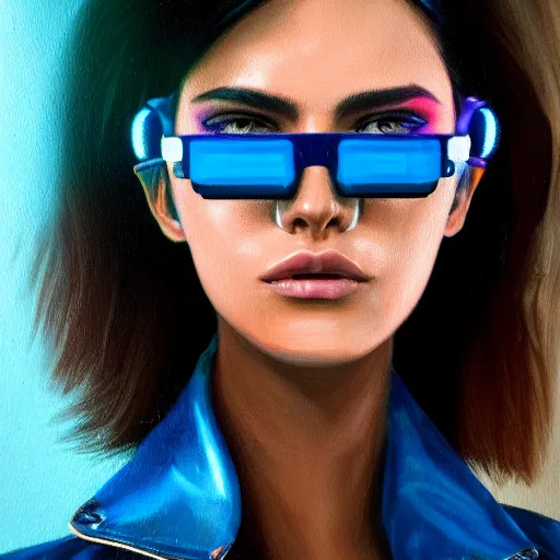 Prompt: closeup painting of a very beautiful young mexican cyberpunk woman with a smirk, wearing light blue shutter shades and a dark brown leather jacket, one side haircut, brown hair, portrait, hyperdetailed, artstation, cgsociety, 8 k, synthwave by tangerine dream