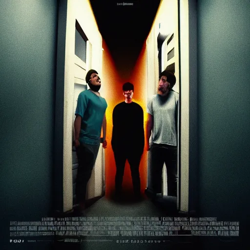 Image similar to poster for a short liminal film called'liminal'about four male roommates that find a tiny hidden door. movie poster, advertisement, photography, sharp, high detail, trending on artstation, mystery, cinematic