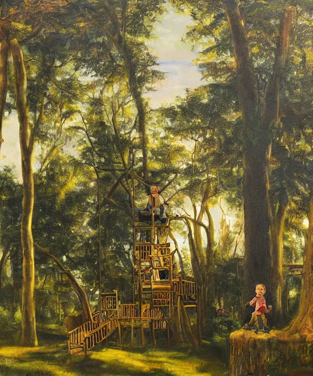 Image similar to masterful oil on canvas painting, eye - level view, shot from 5 0 feet distance, of a kid playing in a treehouse. in the background is a whimsical forest. golden hour, detailed, depth, volume, chiaroscuro, quiet intensity, vivid color palette.