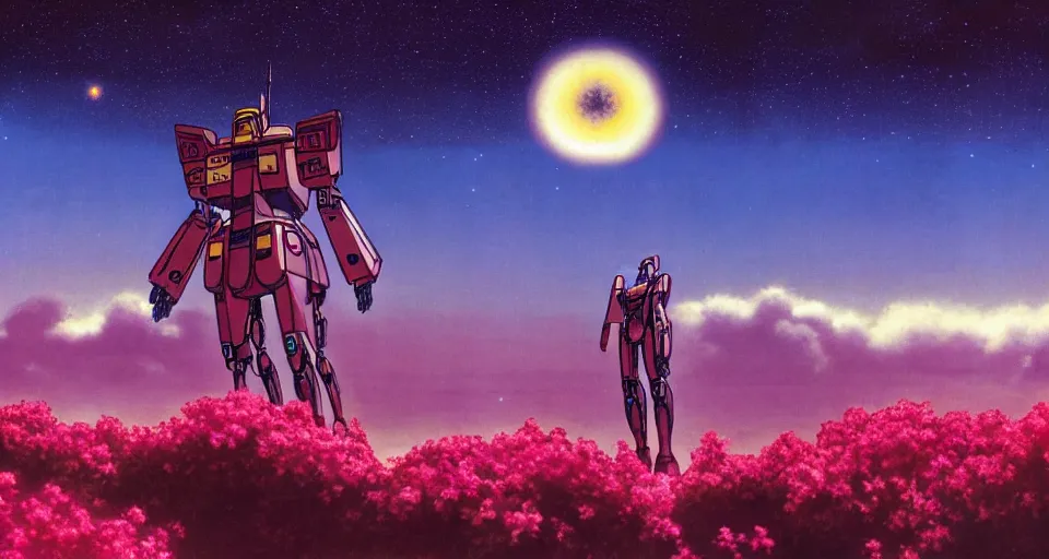 Image similar to a beautiful cinematic view of a walking humanoid mecha on a tropical island paradise, underneath a star filled night sky, warm coloured, gigantic pillars and flowers, maschinen krieger, moebius, star trek, gundam, film, atmospheric perspective