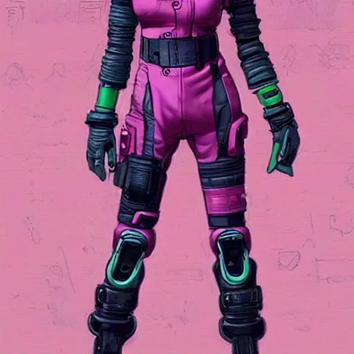 Prompt: cyberpunk mechanic lady in a jumpsuit with robotic feet. pink and black color scheme. concept art by james gurney and mœbius. apex legends character art. gorgeous face.