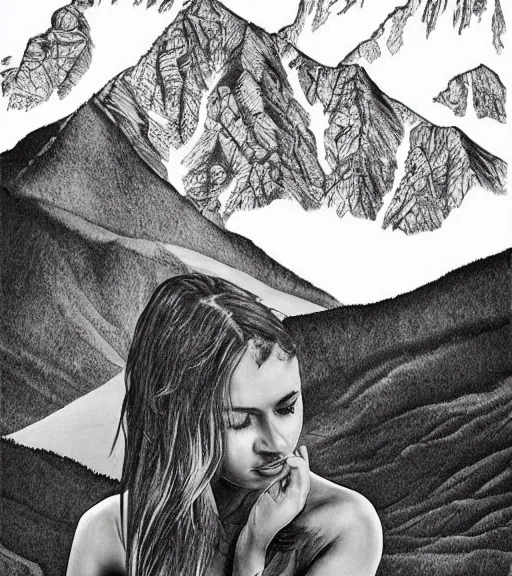 Image similar to tattoo design of beautiful woman against a background of beautiful mountains and nature, in the style of den yakovlev, black and white, hyper realistic, highly detailed