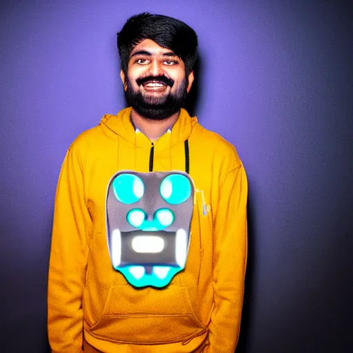 Image similar to Mutahar laughing, led lights, dark room