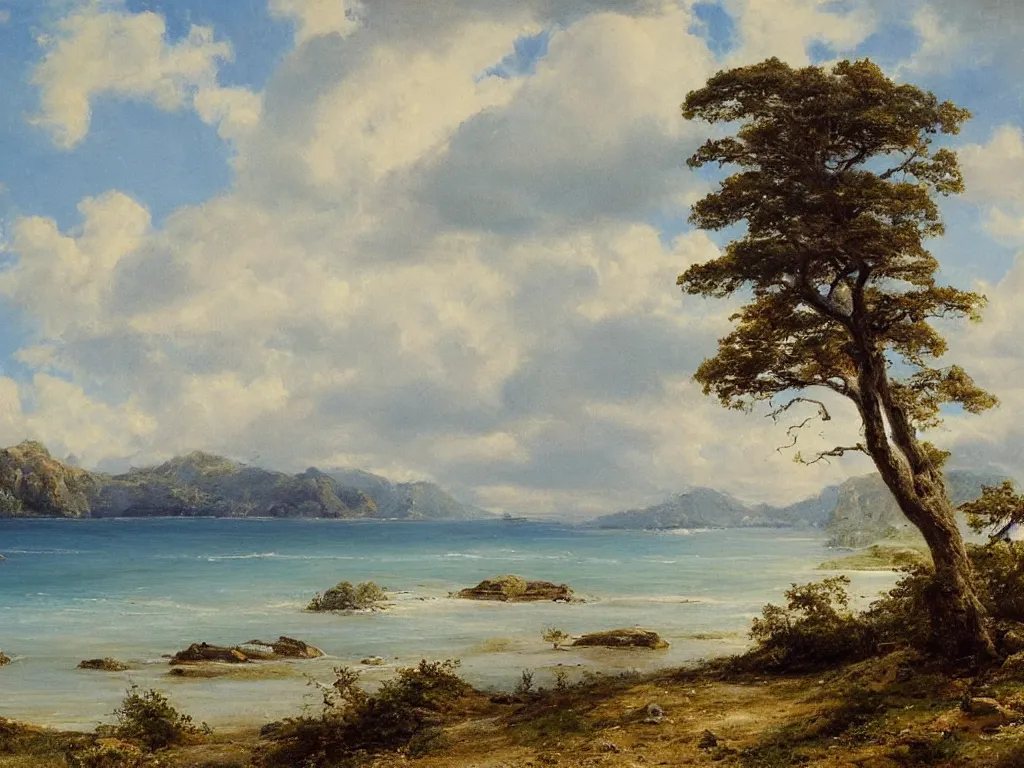 Prompt: a beautiful landscape painting by alfred thompson bricher, trending on arstation