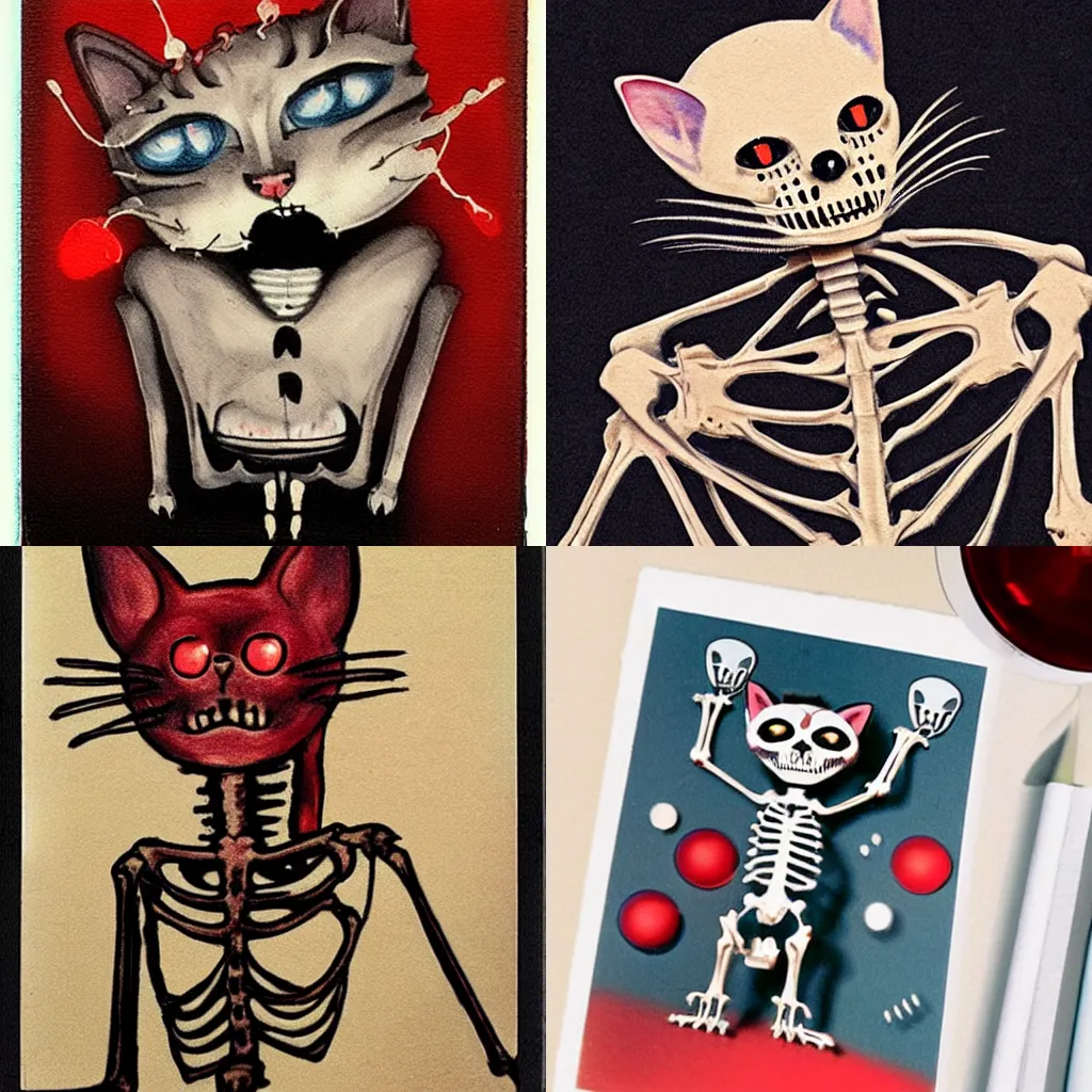 Prompt: A humanoid cat skeleton with red eyes is partying while drunk, photorealistic, polaroid