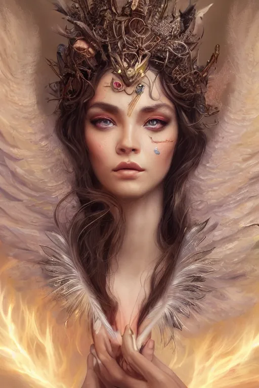 Prompt: face closeup of a beautiful model wearing feather mask, casting magic spell holding diamonds, angel, fantasy, dramatic lighting, highly detailed, digital painting, holding electricity, magic the gathering, hyper detailed, 3 d render, hyper realistic detailed portrait, peter mohrbacher, wlop, ruan jia