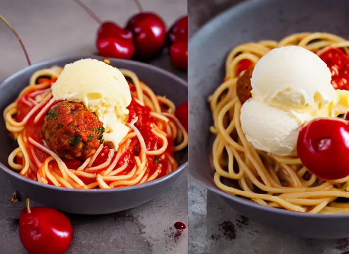 Image similar to dslr food photograph of spaghetti and meatballs topped with vanilla ice cream and a cherry on top, 8 5 mm f 1. 8