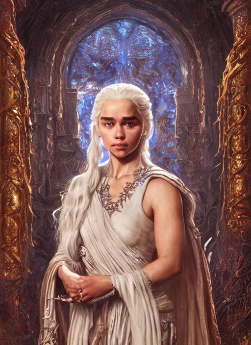 Image similar to cinematic portrait painting daenerys targaryen in fantastic dress aside dragon, royally decorated crystal gemstones incrustations, medium shot, clear symmetrical face enhancement, by lawrence alma - tadema, jaime jones, greg rutkowski, volumetric lights, deviantart contest winner, artstation, fantasy art, highly detailed, golden ratio