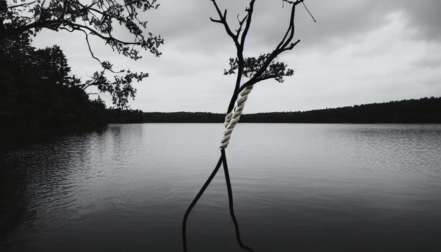 Image similar to photograph of an infinitely long rope floating on the surface of the water, the rope is snaking from the foreground towards the center of the lake, a dark lake on a cloudy day, trees in the background, moody scene, anamorphic lens, kodak color film stock