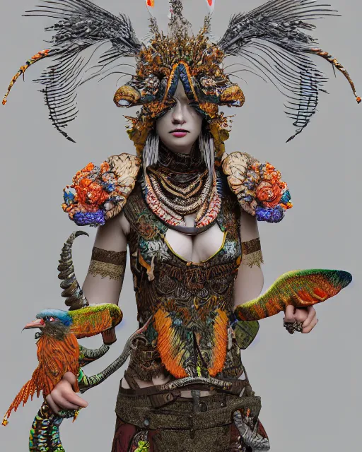 Image similar to 3 d warrior goddess medium shot portrait. beautiful hyperrealistic intricate highly detailed magpie helm and richly embroidered blouse, quetzalcoatl, bioluminescent, curious, kintsugi, plasma, lava, ice, feather, artwork by tooth wu and wlop and chiara bautista, octane 3 d render