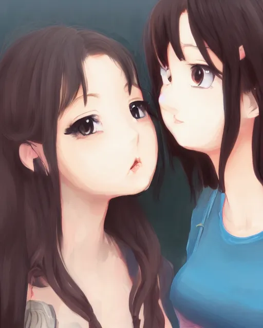 Image similar to portrait of two girls kissing, anime, trending on Artstation