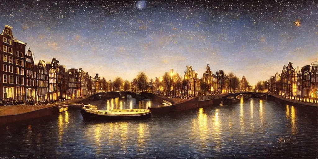 Prompt: view from the amstel river in amsterdam at night, sky full of stars, art by ippolito caffi, very beautiful, intricate, highly detailed, romantic painting