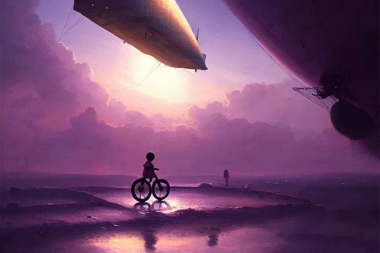 Prompt: kid rides a bicycle waving good bye to the airship at sunset, in the style of greg rutkowski, intricate and epic composition, purple by caravaggio, insanely quality, highly detailed, masterpiece, purple light, artstation, 4 k