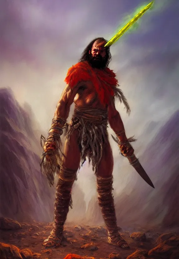 Image similar to a solitary randy savage wearing a colourful heavy cloak alone full body rocky desolate wasteland fire lit | portrait | fantasy impressionist oil painting | matte painting | matte drawing | middle earth | pathfinder | artstation deviant art | sword and sorcery | pintrest | conan | darksun | d & d dungeons and dragons | barbarian