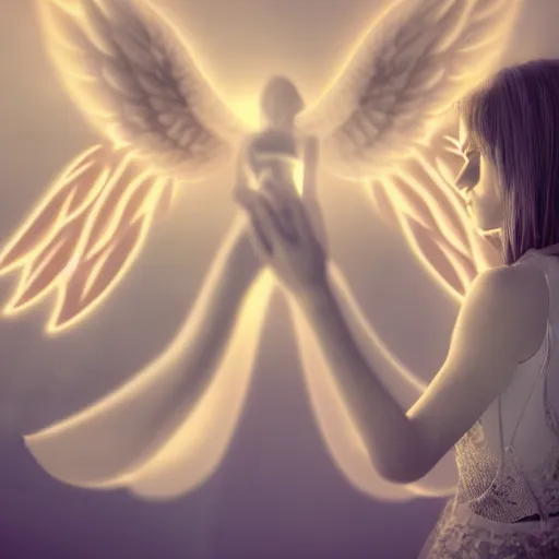 Prompt: portrait of a female angel, wings, concept art, bokeh, light mode, 3 2 k, angelic, rays of shimmering light