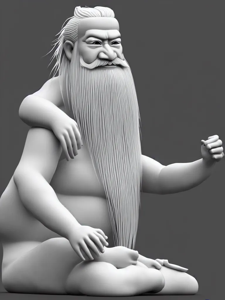 Image similar to the whole body of fuxi in chinese mythology, long white hair, long white beard, kind and solemn, sit on the ground, 3 d render, hyper detailed, 4 k hd