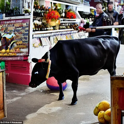 Image similar to a cow steals wine from a market stall. one of the bottles breaks spilling its contents on the street. a guard is going after the cow